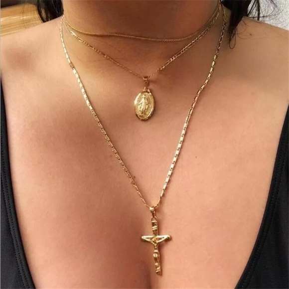 cross and virgin mary necklace